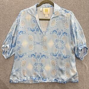 Emily McCarthy‎ Sea Party Print Silky Top Sz XS Blue White Beachy Coastal Preppy